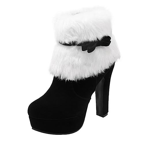 NIYANGLE Weihnachtliche Damen Kurzstiefeletten mit Dicker Absatzplattform Rutschfeste Gummisohle Warme Plüschfütterung und Elegantem Schleifendetail für Winterliche Anlässe von NIYANGLE
