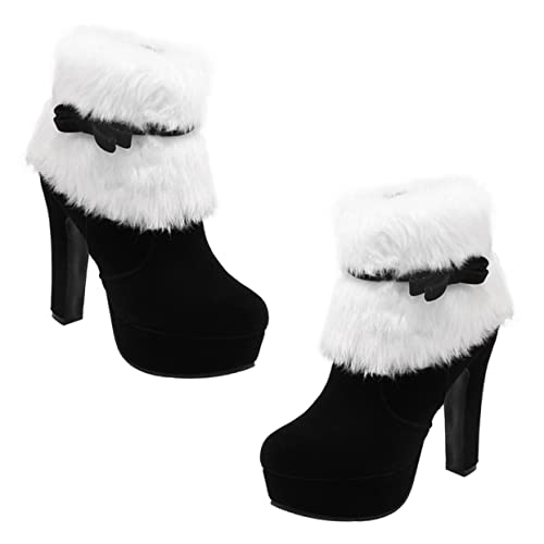 NIYANGLE Weihnachtliche Damen Winterstiefeletten mit Plüschfutter Hoher Absatz und Schleifen Seitlicher Reißverschluss Warme Kurzschaft Boots für Festliche Anlässe und Kalte Tage Schwarz von NIYANGLE