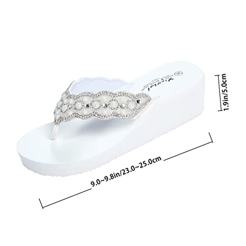 NIYANGLE Weiße Damen Sandalen Sommer Flops mit Perlen und Diamanten Rutschfeste Strand und Badeschuhe mit Mittlerem Keilabsatz und Langlebig für Sommerurlaub und Freizeit von NIYANGLE