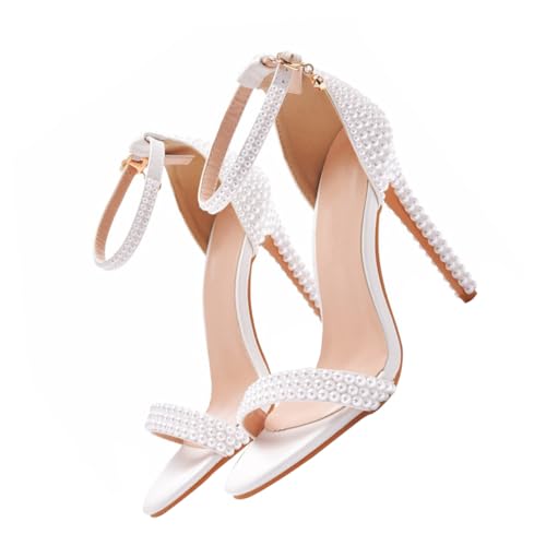 NIYANGLE Weiße Perlen High Heel Sandaletten Damen Open Toe Pumps mit Spitzem Absatz Elegant für Hochzeit Braut Party Komfortabel PU von NIYANGLE