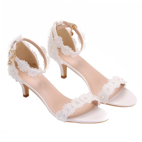 NIYANGLE Weiße Spitzen Hochzeitsschuhe Damen High Heels Sandalen mit Feinem Riemchen und Schlanker Zehenpartie Stilvolle Frühling sommer Brautschuhe für Festliche Anlässe von NIYANGLE