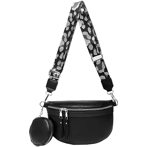 NIYUTA Bauchtasche Damen Leder Crossbody Bag Damen Umhängetasche Damen Breiter Gurt Geldbörse Schultertaschen, Mode Hüfttaschen Klein Moderne Breitem Schultergurt Schwarz von NIYUTA