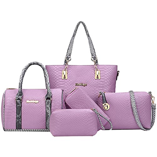 NIYUTA Damen Große Tasche Mode Prägung Handtasche Beiläufig PU Leder Umhängetasche Fünfteiliges Set Lila von NIYUTA