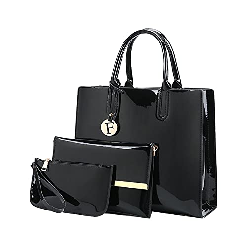 NIYUTA Damen Handtasche Mode Lackleder umhängetasche Hohe Kapazität Mutter und Tochter Tasche 3-teiliges Set Schultertaschen schwarz von NIYUTA
