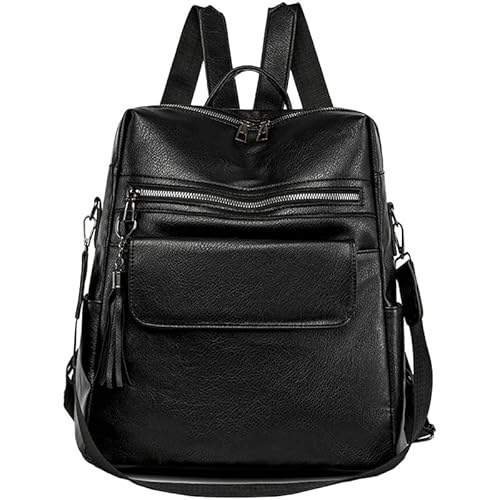 NIYUTA Damen Rucksack PU Leder Modischer Multifunktionsrucksack mit Quastendesign Lässige Schultertaschen Frauen Tasche mehres Kompartiment Schule Schulrucksack Damen-Rucksackhandtaschen Schwarz von NIYUTA