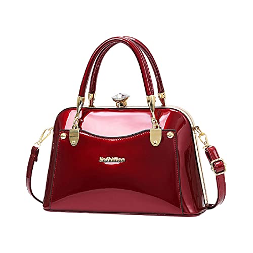 NIYUTA Damenhandtasche Mode Lackleder Umhängetasche Umhängetasche helle Leder Stahl Rahmentasche Rotwein von NIYUTA