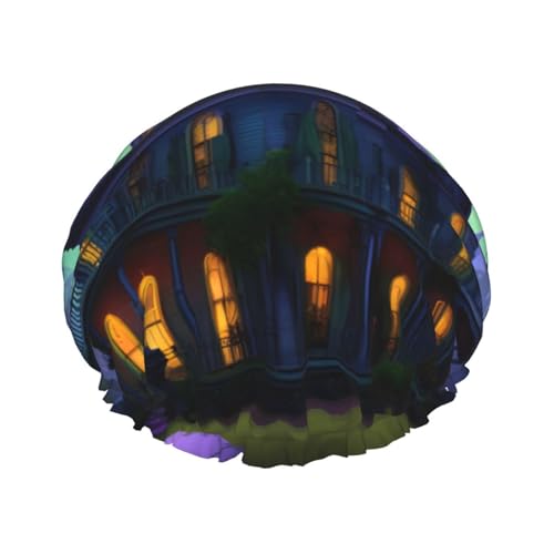 Schwarze Haunted Mansion Print weiche Duschhaube für Damen und Herren, wiederverwendbarer Hut, leichter Hut und Badehaarkappe von NImongt