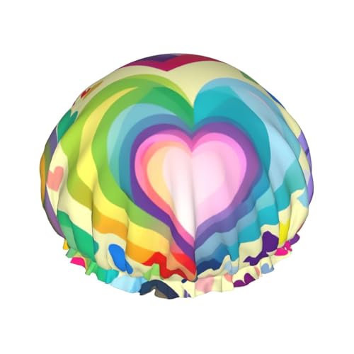 Weiche Duschhaube mit Herzen in Regenbogenfarben, für Damen und Herren, wiederverwendbar, leichter Hut und Badehaarkappe von NImongt