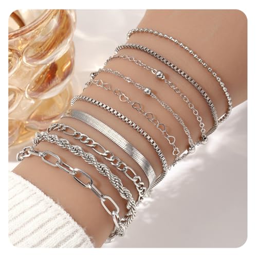 10 Stück Armband Damen, Edelstahl Ketten Armbänder Set, Verstellbare Wasserdichter Stapelbare Kettenarmband, Twist Schlange Kubanische Büroklammer Armbänder, für Damen Mädchen von NJCXOLA