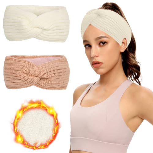 2 Stück Stirnband Damen Winter Strick Ohrenwärmer Haarband Haarreifen Mädchen Geknotet Gestrickt Stirnbänder Verdicken Frauen Haarbänder Häkelarbeit Elastische Plüsch Sport Skifahren (Weiß,Rosa) von NJCXOLA