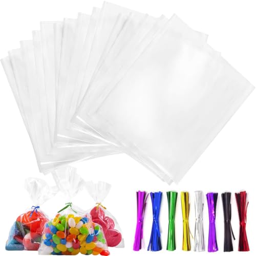 200 Stück Durchsichtige Cellophantüten 10x15 cm Süßigkeiten Geschenkbeutel mit 200 bunten Krawatten Geeignet klarsichttüten für Süssigkeit Chocolate Brot, Kekstüten Transparent Gebäcktüten von NJCXOLA