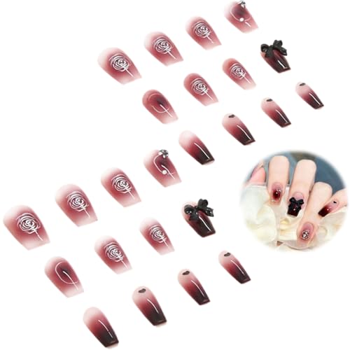 24 Stück lange Künstliche Nägel Almond Press on Nails Rot Nägel zum Aufkleben Ballerina Acryl False Nails für Frauen und Mädchen (Weinrot) von NJCXOLA