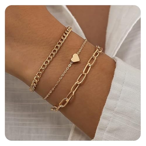 3 Stück Armband Damen, Edelstahl Ketten Armbänder Set, Armband Boho Gold, Verstellbare Wasserdichter Stapelbare Kettenarmband, für Damen Mädchen von NJCXOLA