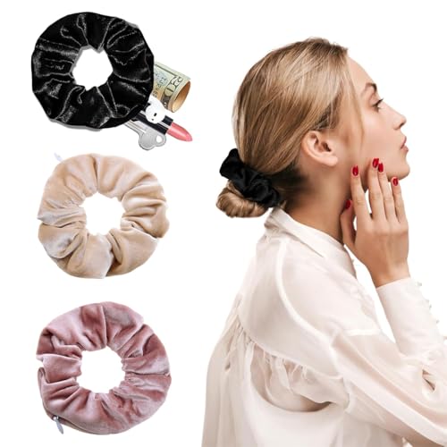 3 Stück Haargummis Damen, Scrunchies Samt, mit Reißverschluss Tasche, Mädchen Elastische Zopfgummis, Samt Scrunchies mit versteckter Reißverschlusstasche, Elastische Haarbänder, für Mädchen und Damen von NJCXOLA