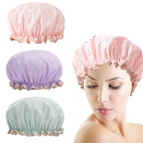 3 Stück Wasserdichte Duschhauben Damen, Dusche Wasserdicht Doppellagig,große Elastische Shower Cap,Wiederverwendbar Duschhauben,für Mädchen Frauen Kosmetik Zuhause Hotel Reisen von NJCXOLA