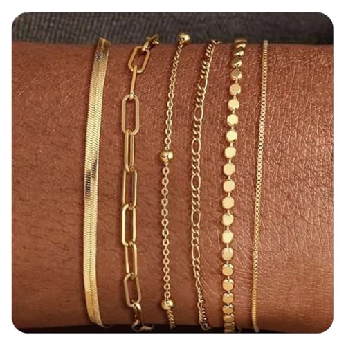 6 Stück Armband Damen, Edelstahl Ketten Armbänder Set, Armband Boho Gold, Verstellbare Wasserdichter Stapelbare Kettenarmband für Damen Mädchen von NJCXOLA