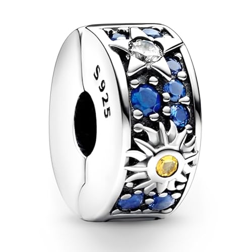 Blau Charms Anhänger Damen 925 Sterling Silber Sonne Mond Stern Sterne Pavé Clip Zirkonia Bead Charm Stopper Schmuck Geburtstagsgeschenke Denkmal für Frauen Freundin Mutter von NJCXOLA