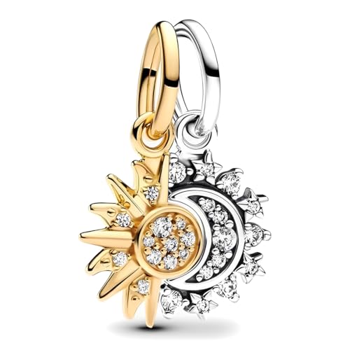 NJCXOLA Charms Anhänger Damen 925 Sterling Silber Gold Sonne Mond Sterne Pavé Clip Zirkonia Bead Charm Stopper Schmuck Geburtstagsgeschenke Denkmal für Frauen Freundin Mutter von NJCXOLA
