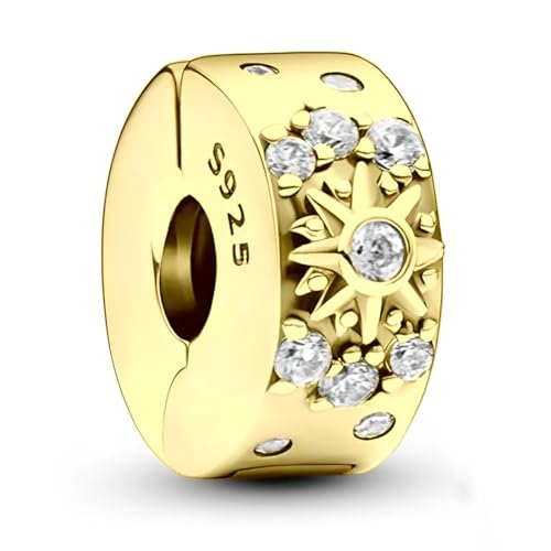 Gold Charms Anhänger Damen 925 Sterling Silber Sonne Mond Sterne Pavé Clip Zirkonia Bead Charm Stopper Schmuck Geburtstagsgeschenke Denkmal für Frauen Freundin Mutter von NJCXOLA