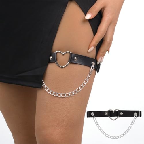 NJCXOLA 2PCS Leder Bein Strumpfband Schwarz,Goth Accessories Verstellbarer Strumpfhalter mit Ketten,Herz Strumpfhalter für Beine und Oberschenkel für Frauen Halloween Rave Karneval Cosplay Party von NJCXOLA