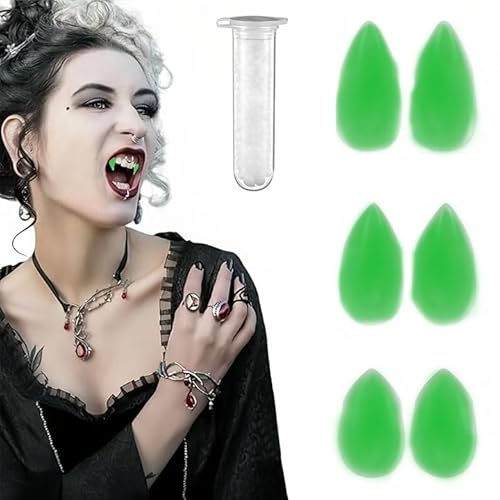 NJCXOLA 3 Paar Halloween leuchtend Vampirzähne Gebiss Fangs, Gefälscht Zähne mit Pellets Kleber für Cosplay, Requisiten, Halloween, Dämon, Hexe von NJCXOLA