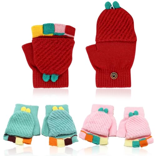NJCXOLA 3 Paar Kinder Halbfinger Handschuhe Warme Winterhandschuhe für Mädchen und JungenFingerlose Fingerhandschuhe mit Flip Top Jungen Mädchen Winter Handschuhe, 1-5 Jahre von NJCXOLA