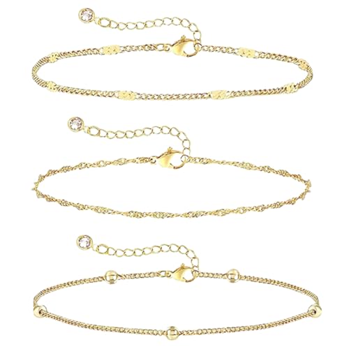 NJCXOLA 3 Stück Damen Armband Set Gold, Ketten Armbänder zierlich Vergoldet Armkette Twist Figaro Kettenarmbänder Verstellbar Modeschmuck Gold für Damen Mädchen von NJCXOLA