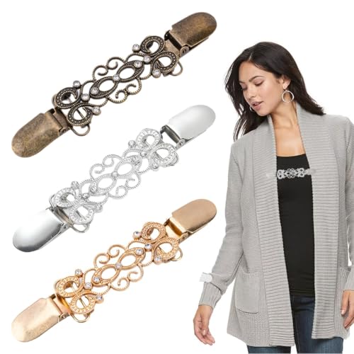 NJCXOLA 3 Stück Pullover Clips Brosche Vintage Kreative Strickjacke Klipp Strass Design Cardigan Kragen Buckle Brosche Damen für Frauen Mädchen Broschen & Anstecknadeln für Damen von NJCXOLA
