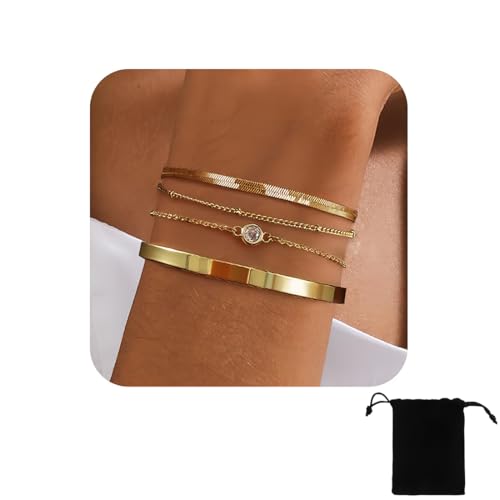 NJCXOLA 4 Stück Armband Damen Gold 14 Karat Vergoldet Stapelarmbänder Edelstahl Figaro Perlen Ketten Armbänder Verstellbare Armband Set Wasserdichter Gold Schmuck für Damen von NJCXOLA