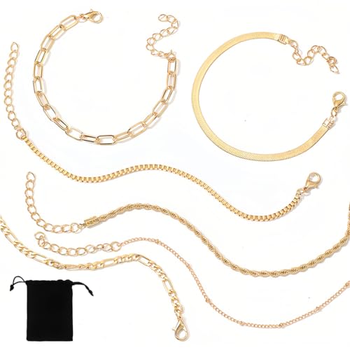 NJCXOLA 5 Stück Armband Damen Gold 14 Karat Vergoldet Stapelarmbänder Edelstahl Figaro Perlen Ketten Armbänder Verstellbare Armband Set Wasserdichter Gold Schmuck für Damen von NJCXOLA