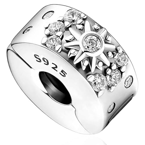 NJCXOLA Charms Anhänger Damen 925 Sterling Silber Sonne Mond Sterne Pavé Clip Zirkonia Bead Charm Stopper Schmuck Geburtstagsgeschenke Denkmal für Frauen Freundin Mutter von NJCXOLA