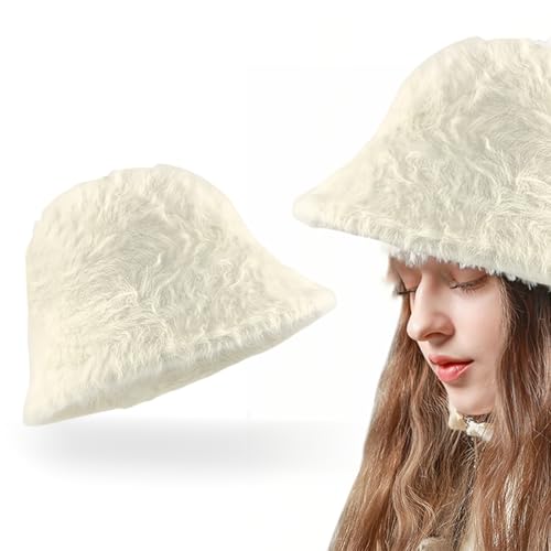 NJCXOLA Pelzig Fischerhut Bucket Hat Winter Wärmer Eimer Hut Flauschige Fischermütze Damen Weiche Kunstpelz Fischerhut Breite Krempe Fellmütze Winter Warme Mütze für Damen Mädchen weiß von NJCXOLA