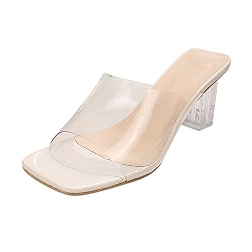 Badeschuhe Damen Hausschuhe Original Slippers transparente PVC-Quadratkopf-Kristall-Dicke High-Heel-Sandalen Rutschen Sandalen Damen von NJGRAE