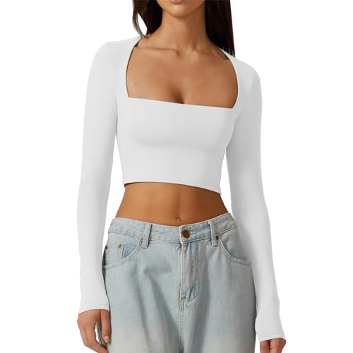 Crop Tops Damen Strick Crop T-Shirt Bauchfrei Oberteile Quadratischem Kragen Langarmshirt Cropped Top Basic Pullover Langarm Shirts Teenager Elegant Streetwear (1-White, S) von NJGRAE