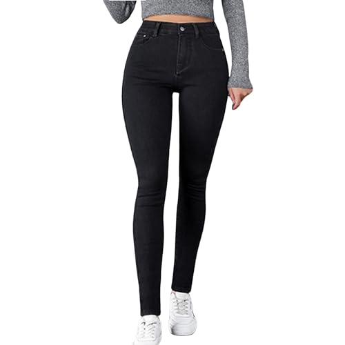 Damen Jeans Winter Dicke Skinny Pants Fleece Gefüttert Leggings Slim Fit Stretch Warm Jeggings Hohe Taille Thermo Stretchhose Denim Stretchy Hosen Thermojeans Winterhosen Große Größen (2-Black, XL) von NJGRAE