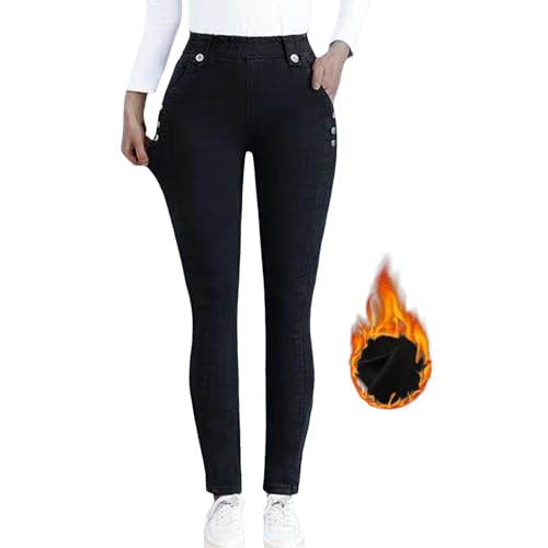 Damen Jeans Winter Dicke Skinny Pants Fleece Gefüttert Leggings Slim Fit Stretch Warm Jeggings Hohe Taille Thermo Stretchhose Denim Stretchy Hosen Thermojeans Winterhosen Große Größen (5-Black, S) von NJGRAE