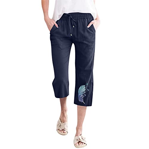 Leinenhose Damen Sommer Capri Sommerhose Damen Leicht 7/8 Stoffhose Damen Stretch-Hosen Einfarbig Jogginghose Leinenhose Yogahose Caprihose-Capri Sommerhose Haremshosen- Freizeithose (Navy #1, M) von NJGRAE