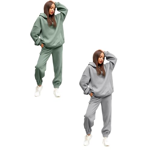 NJGRAE 2 Stücke Damen Tracksuit Langarm Rundhalsausschnitt Einfarbig Zweiteiler Outfit Hoodie Jogger Trainingsanzug Set Sweatshirt & Jogginghose Damen Kapuzenpullover Hose 2 Teiliges Outfit von NJGRAE