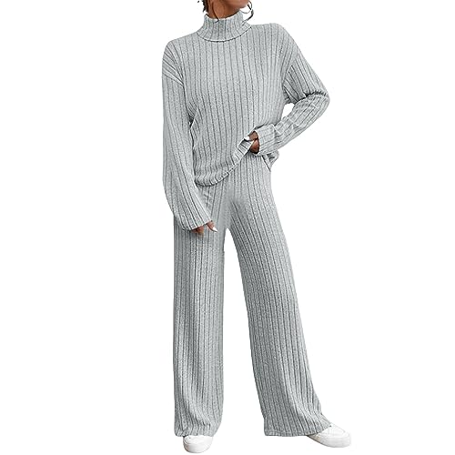 NJGRAE Damen 2 Stück Strickanzug Langarm Strickpullover Und Lange Jogginghose Zweiteilige Beiläufig Outfit Freizeitanzug Sportanzug Loungewear Set 2-teiliges Outfit Set (a-Grey, L) von NJGRAE