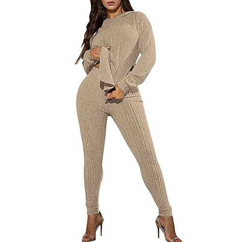 NJGRAE Damen 2 Stück Strickanzug Langarm Strickpullover Und Lange Jogginghose Zweiteilige Beiläufig Outfit Freizeitanzug Sportanzug Loungewear Set 2-teiliges Outfit Set (b-Khaki, L) von NJGRAE