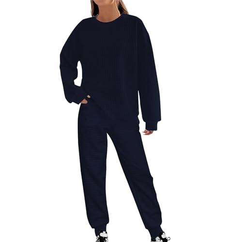 NJGRAE Damen 2 Stück Strickanzug Langarm Strickpullover Und Lange Jogginghose Zweiteilige Beiläufig Outfit Freizeitanzug Sportanzug Loungewear Set 2-teiliges Outfit Set (hb1-Navy, M) von NJGRAE