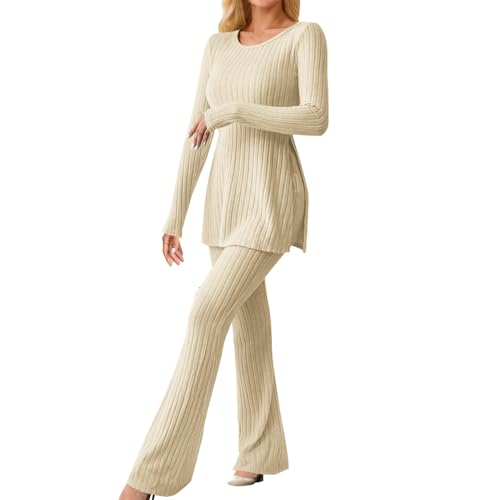 NJGRAE Damen 2 Stück Strickanzug Langarm Strickpullover Und Lange Jogginghose Zweiteilige Beiläufig Outfit Strick Outfits für Damen Freizeitanzug Sportanzug Loungewear Trainingsanzug Set (Beige, S) von NJGRAE