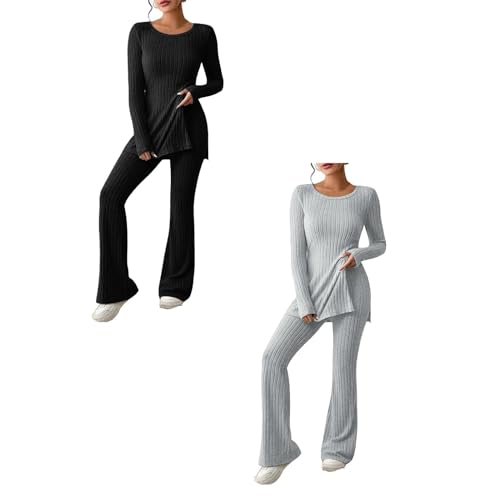 NJGRAE Damen 2 Stück Strickanzug aus Langarm Strickpullover Und Lange Jogginghose Zweiteilige Beiläufig Outfit Freizeitanzug Sportanzug Loungewear Strickanzug Set von NJGRAE