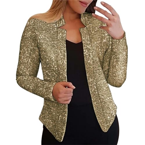 NJGRAE Damen Casual Blazer Offene Front Jacken Blazer Damen Pailletten Pailletten Jacke Lässig Langarm Glitzer Party Glänzend Mantel Rave Oberbekleidung Jacken (yh5-Gold, L) von NJGRAE