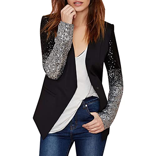 NJGRAE Damen Casual Blazer Offene Front Jacken Blazer Damen Stehkragen Farbverlauf Pailletten Patchwork Langarm Jacke Party Jacken von NJGRAE