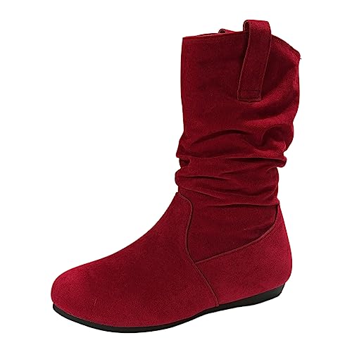 NJGRAE Damen Chelsea Stiefel Damen Stiefeletten Modische, einfarbige Damen-Stiefel mit schlichter runder Zehenpartie mit flachem Boden und mittelhohen Ärmeln Schuhe Damen Weite H (Red, 39) von NJGRAE