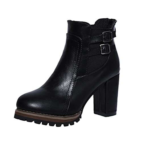 NJGRAE Damen Stiefel Regenstiefel Mode Retro Stöckelschuhe für Frauen Wanderstiefel Damen Damen Dick High Heel Kurze Stiefel Reißverschluss Stiefeletten Einzelne Schuhe PU 37 von NJGRAE