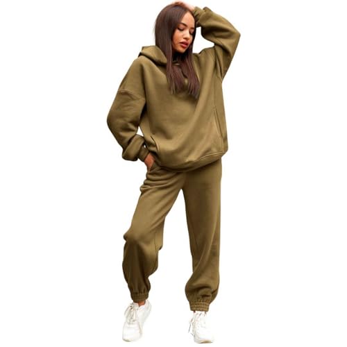 NJGRAE Damen Tracksuit Langarm Rundhalsausschnitt Einfarbig Zweiteiler Outfit Hoodie Jogger Trainingsanzug Set Sweatshirt & Jogginghose Pullover Sweatshirt und Jogginghose Warm Vlies (Coffee, XL) von NJGRAE