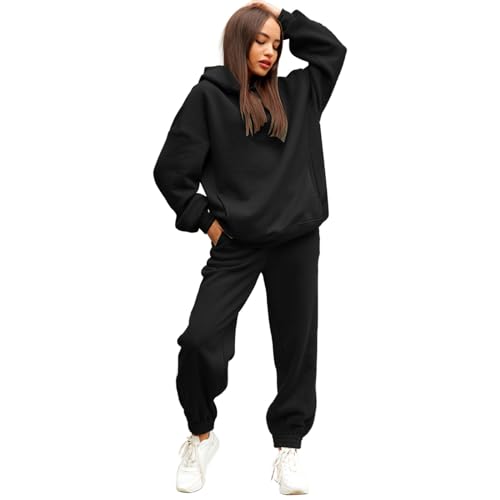 NJGRAE Damen Tracksuit Langarm Rundhalsausschnitt Einfarbig Zweiteiler Outfit Hoodie Jogger Trainingsanzug Set Sweatshirt & Jogginghose Pullover Sweatshirt und Jogginghose Warm Vlies (SH1-Black, L) von NJGRAE