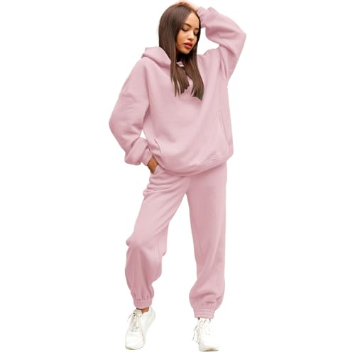 NJGRAE Damen Tracksuit Langarm Rundhalsausschnitt Einfarbig Zweiteiler Outfit Hoodie Jogger Trainingsanzug Set Sweatshirt & Jogginghose Pullover Sweatshirt und Jogginghose Warm Vlies (SH1-Pink, M) von NJGRAE